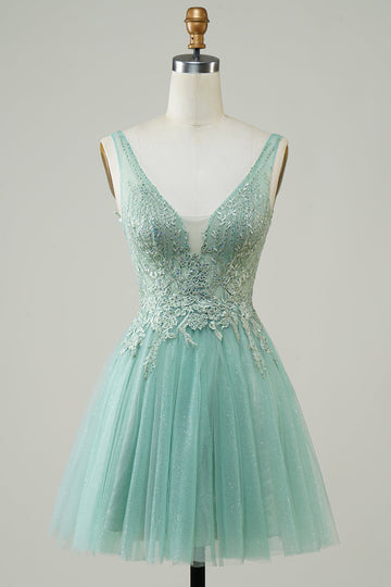 A Línea Vestido Verde Vestido de Cóctel con Apliques